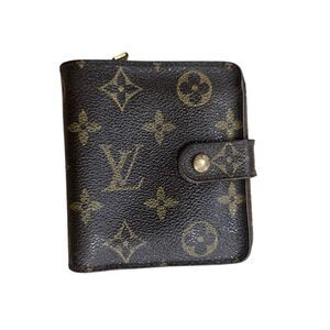 Louis Vuitton Womens Brown Leather Monogram Canvas Bifold Compact‎ Zipper Wallet